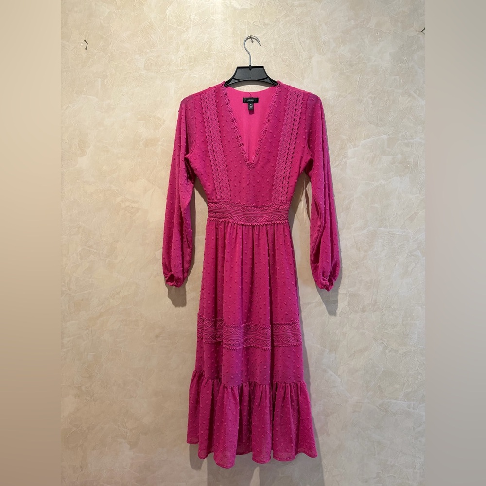Aqua Hot Pink Long Sleeve V-Neck Midi Dress XS